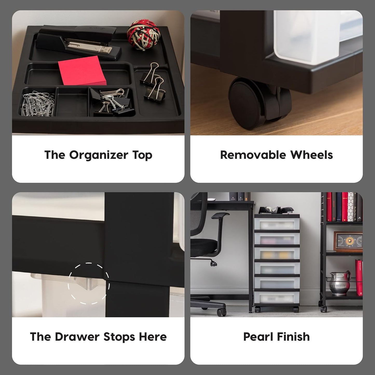IRIS USA Plastic Drawer Storage Organizer Rolling Cart, with Wheels Casters, 4-Drawers, for Classroom Art Craft Supplies Dresser Closet Bathroom Laundry Room, Black/Pearl