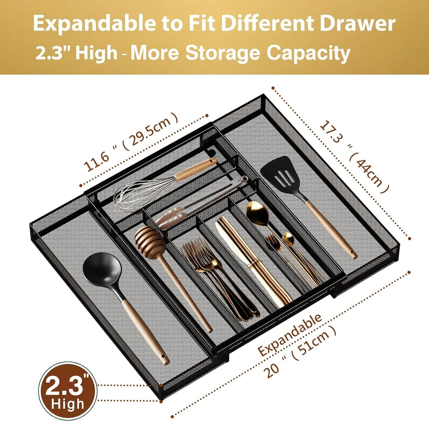 Sedegn Silverware Organizer Metal Mesh, Small Drawer Organizer, Utensil Cutlery Tray for kitchen drawers, Flatware Organizer with 5 Compartment, Black(9.3"*12.6")