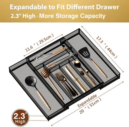 Sedegn Silverware Organizer Metal Mesh, Small Drawer Organizer, Utensil Cutlery Tray for kitchen drawers, Flatware Organizer with 5 Compartment, Black(9.3"*12.6")