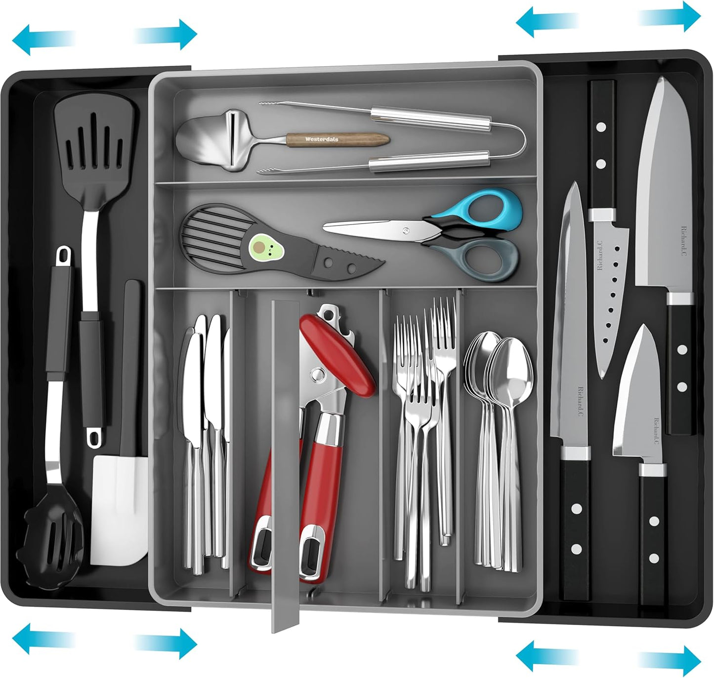 Simple Houseware Expandable & Adjustable Cutlery Drawer Organizer - Large Utensil and Flatware Tray for Kitchen Drawers, White