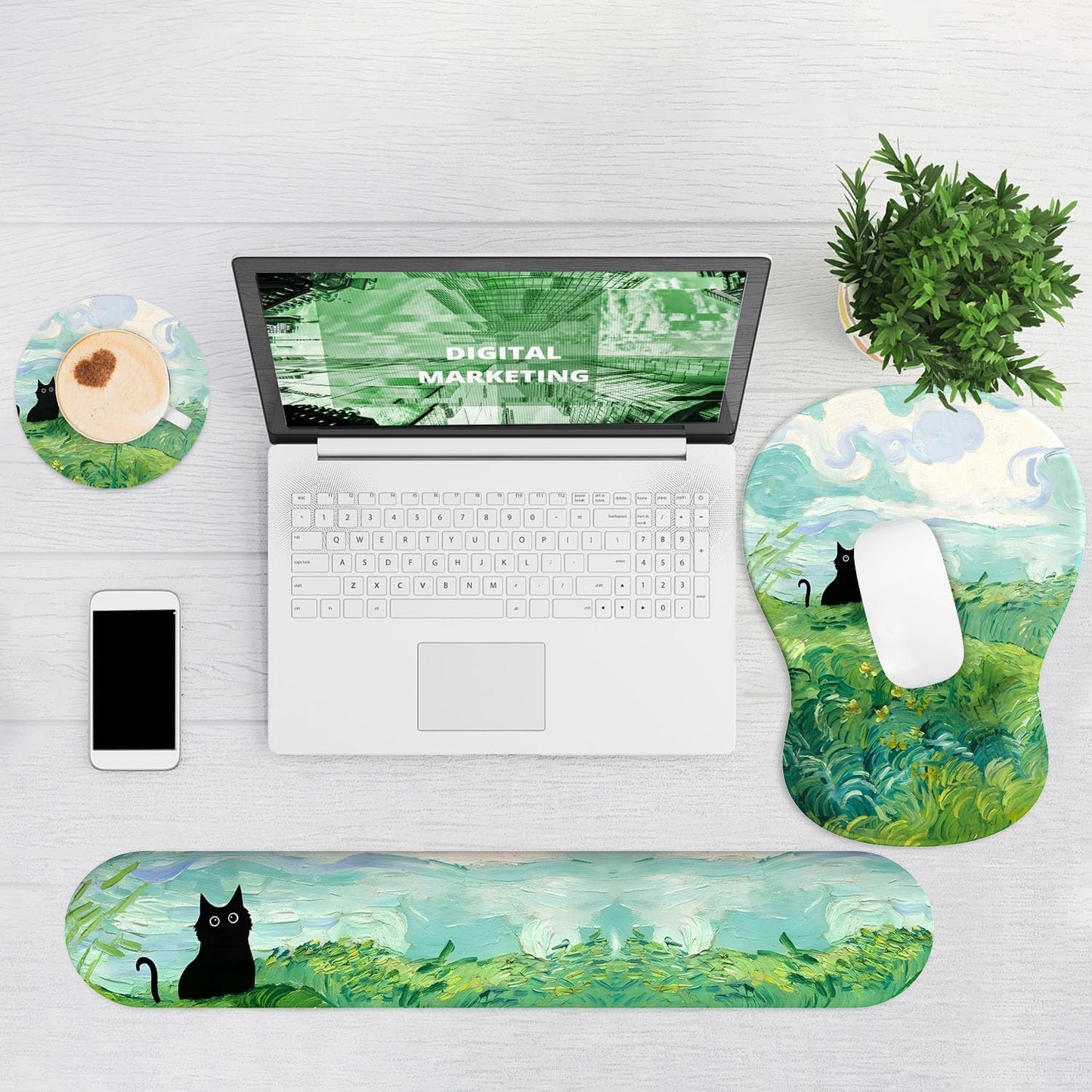 Ergonomic Mouse Pad with Wrist Rest and Keyboard Wrist Rest, Black Mousepad and Wrist Rest for Computer Keyboard, Pain Relief, Non-Slip PU Base, Gel Mouse Pad with Wrist Support for Gaming, Office