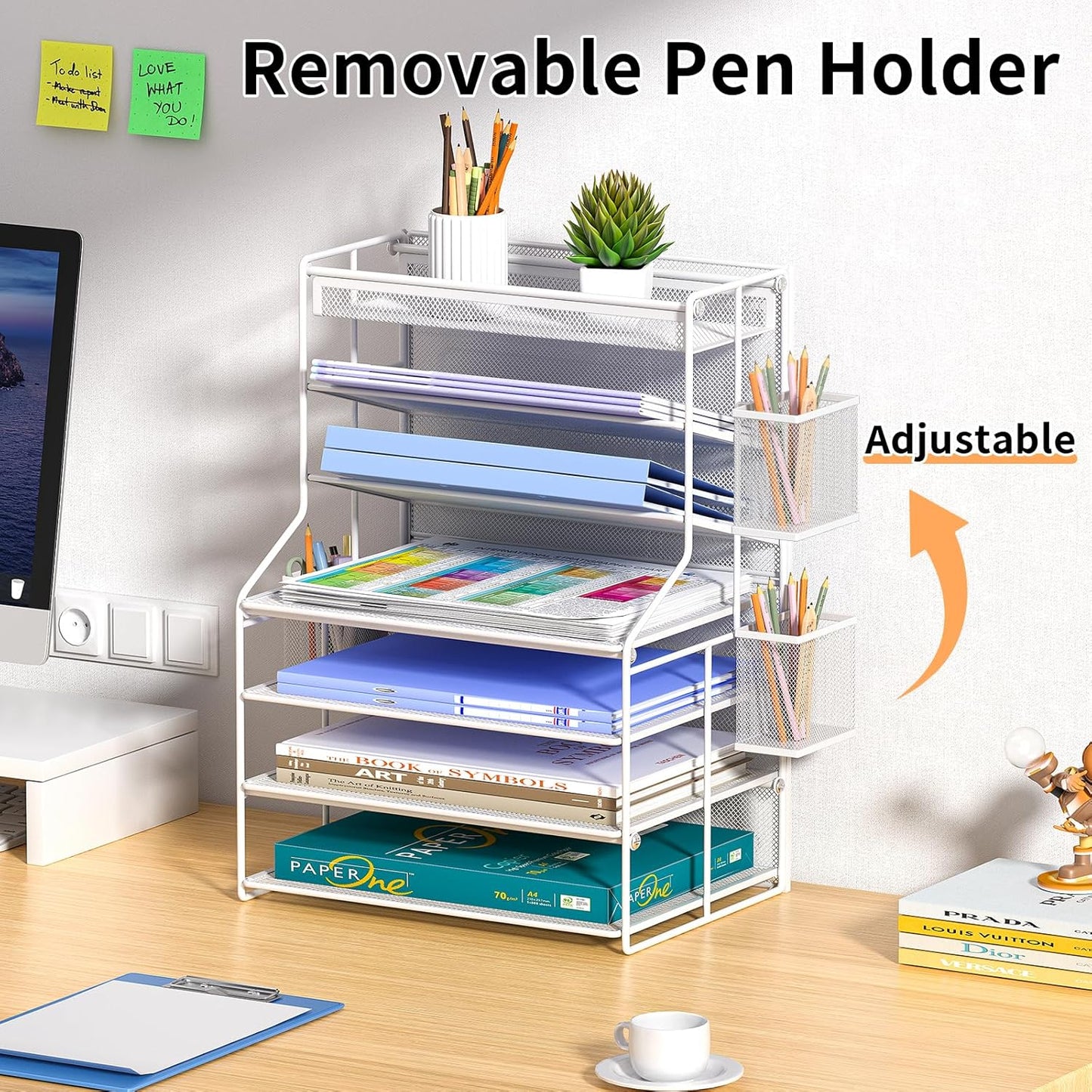 7 Tier Desk File Organizer – Vertical File Organizer for Desk with Removable Pen Holder & Adjustable Pull-out Drawer – Metal Document Organizer for Office, Simple Trending Design – Black
