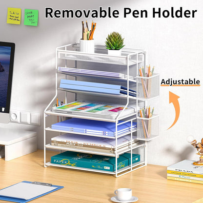 7 Tier Desk File Organizer – Vertical File Organizer for Desk with Removable Pen Holder & Adjustable Pull-out Drawer – Metal Document Organizer for Office, Simple Trending Design – Black