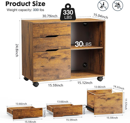 DUMOS Lateral File Cabinet with 3 Drawers Rolling Filing Cabinets Under Desk Storage Printer Stand Wood Organizer with Wheels Adjustable Shelf for Office Home Small Space, White