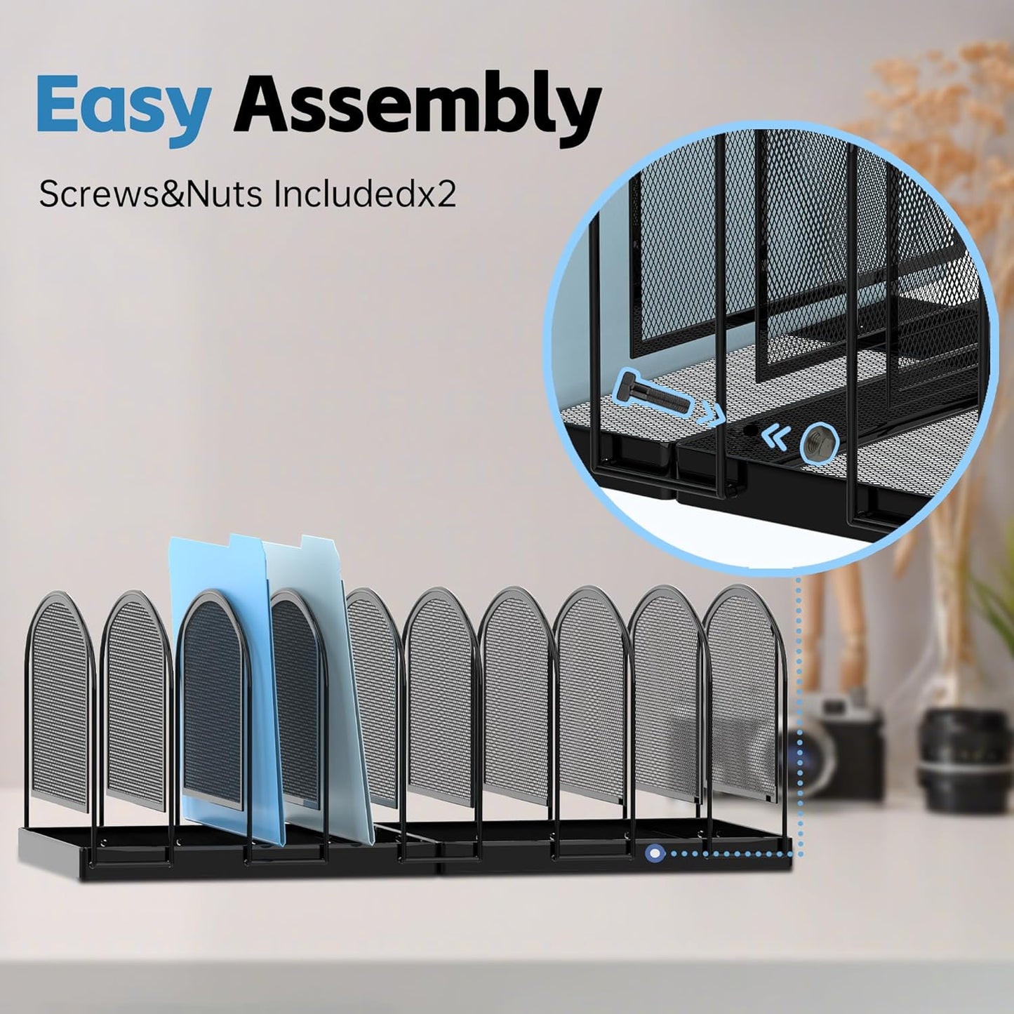 SUPEASY File Organizer for Desk, 5-Section Mesh Desk Organizer, Vertical File Holder Desktop Organizer File Sorter, File Folder Holder for Office Supplies, Black