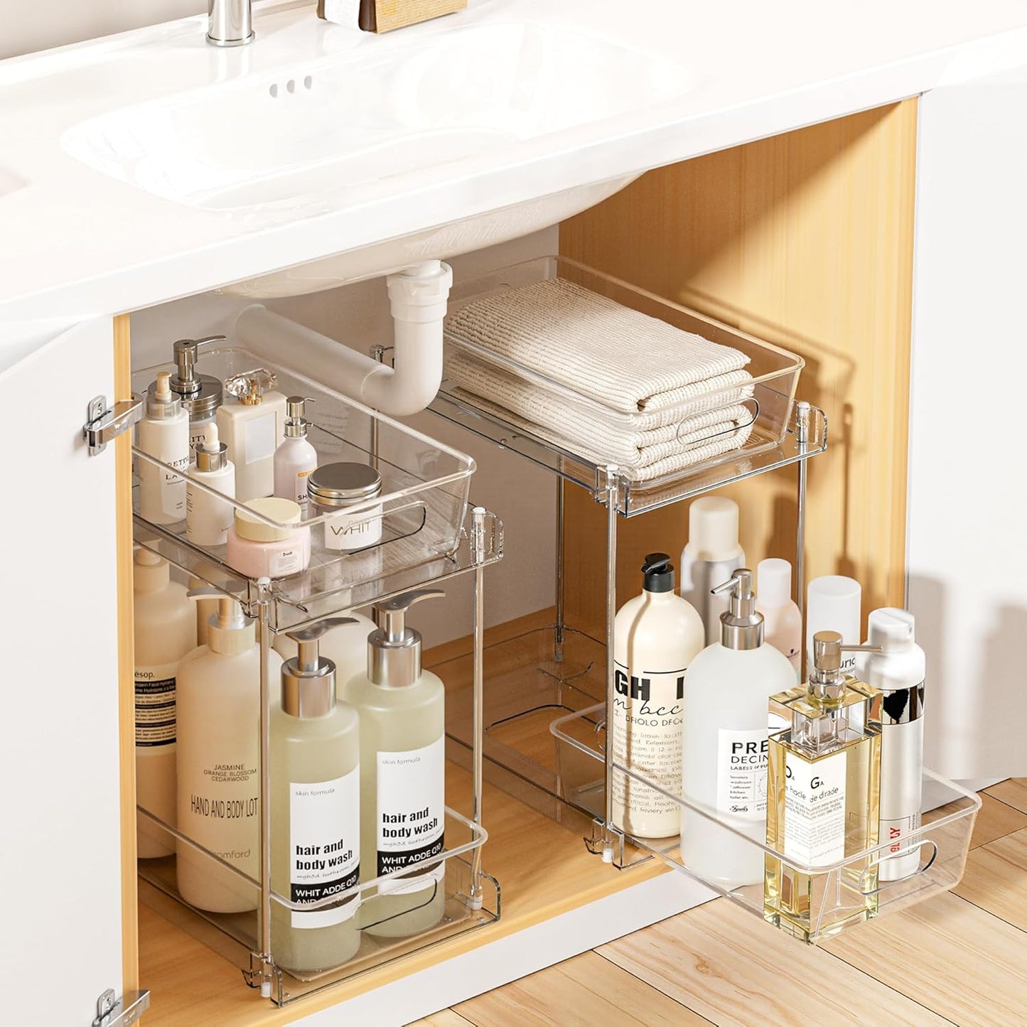 Vtopmart 4 Pack Bathroom Organizer, 2 Tier Clear Under Sink Organizers Vanity Countertop Storage Container,Cabinet Drawers Bins, Pull-Out Organization with Track for Pantry, Kitchen