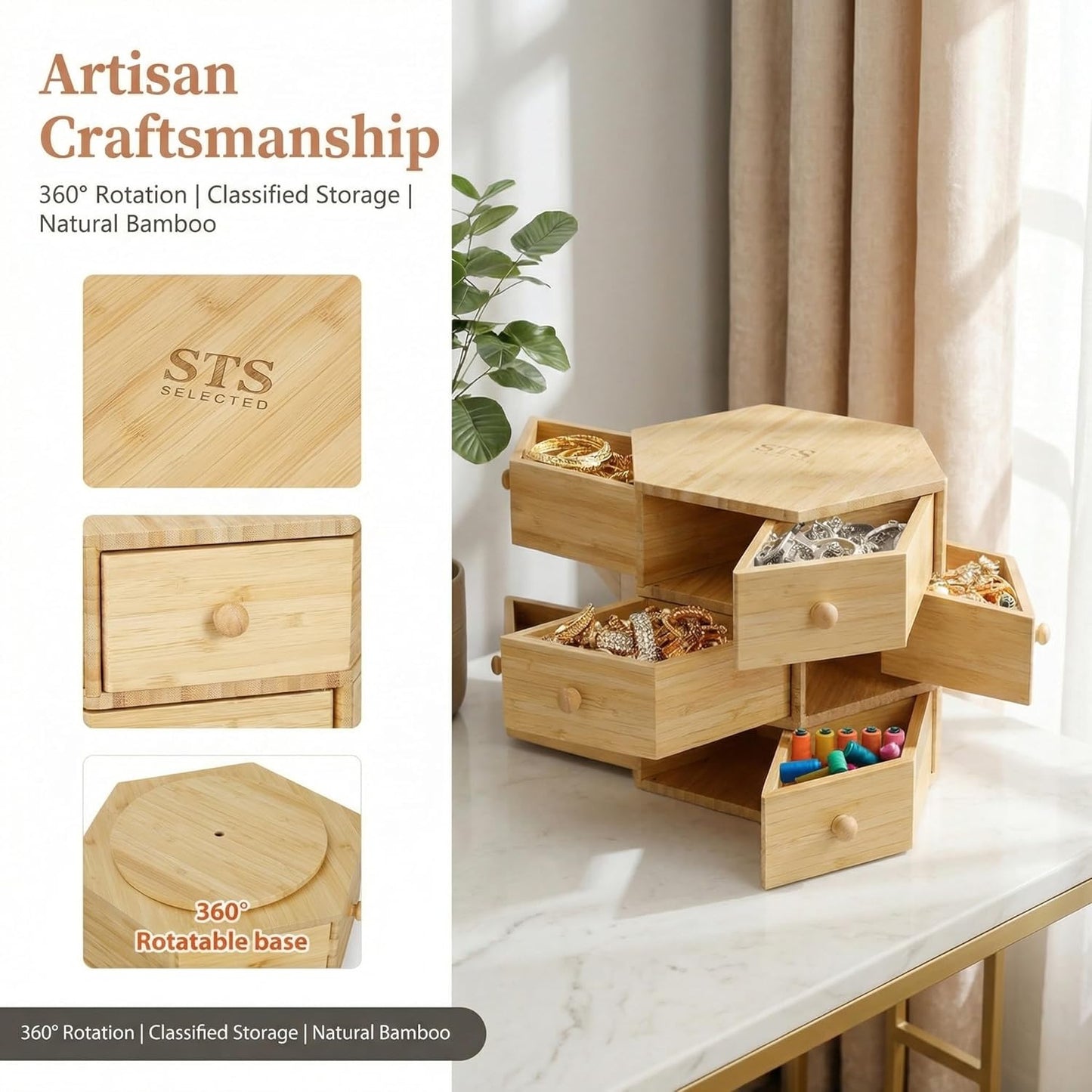 360° Rotatable Bamboo Desktop Organizer, Large Capacity Cosmetic & Jewelry Storage for Makeup Serum, Diamond, Easy Setup No Assembly (4-Tier 12-Drawers)