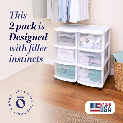 HOMZ Drawer Tower, 3-Tier Rolling Storage Cart with Removable Wheels, White Frame – Plastic Organizer with Clear Bin Drawers for Bedroom, Bathroom, Home Office, and Dorm Room