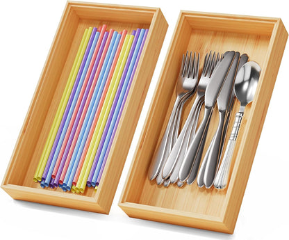 Bamboo Kitchen Drawer Organizer Set of 2, Stackable 15" x 6" Wood Silverware Utensil Tray for Drawers Bins, Cutlery & Flatware Storage – Wooden Boxes Organizers for Junk Drawer, Bathroom, RV