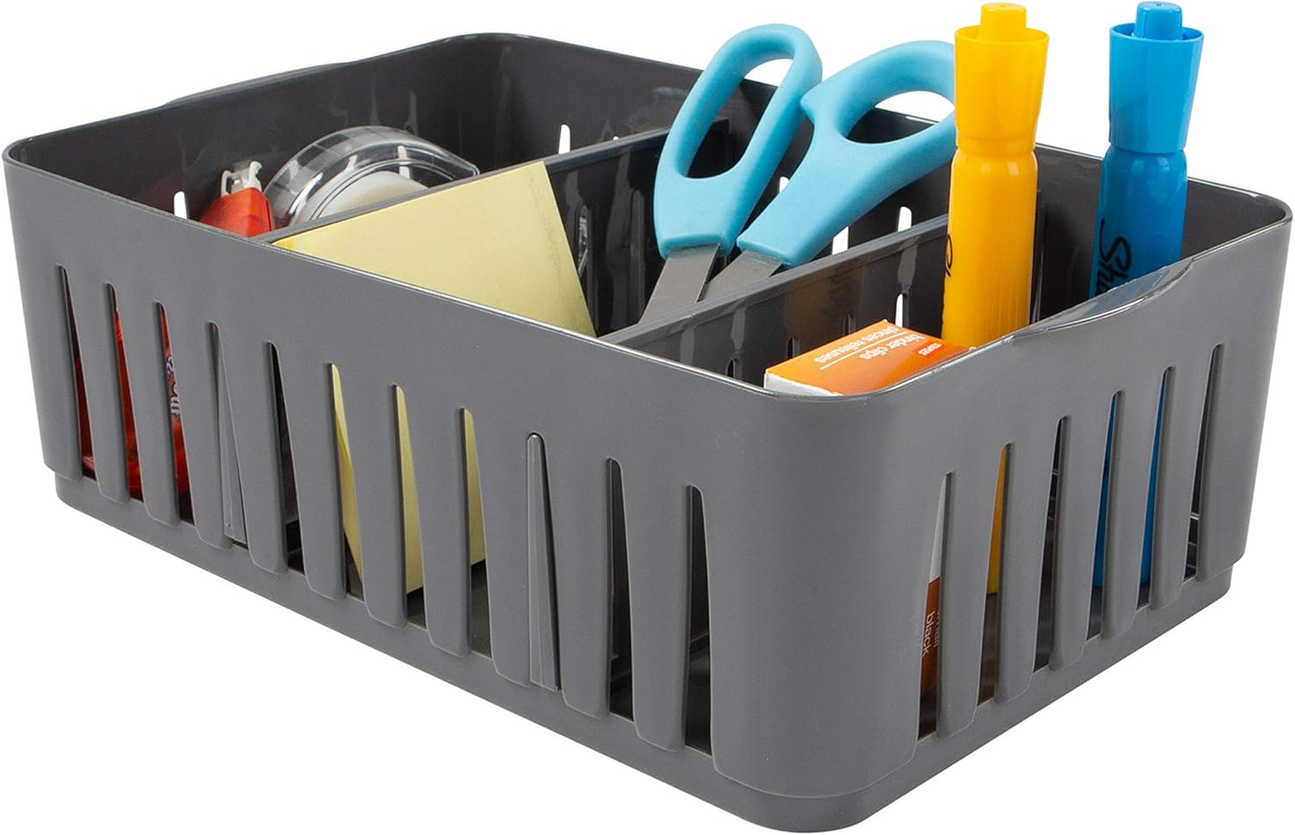 Simplify 4 Compartment Stackable Bin with Adjustable Dividers | Drawer Organizer | Storage Basket | Good for Office | Desk Supplies | Dorm |Bathroom | Accessories | Make Up | Grey