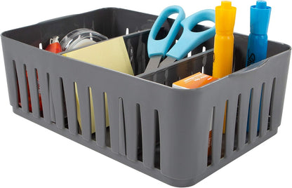 Simplify 4 Compartment Stackable Bin with Adjustable Dividers | Drawer Organizer | Storage Basket | Good for Office | Desk Supplies | Dorm |Bathroom | Accessories | Make Up | Grey