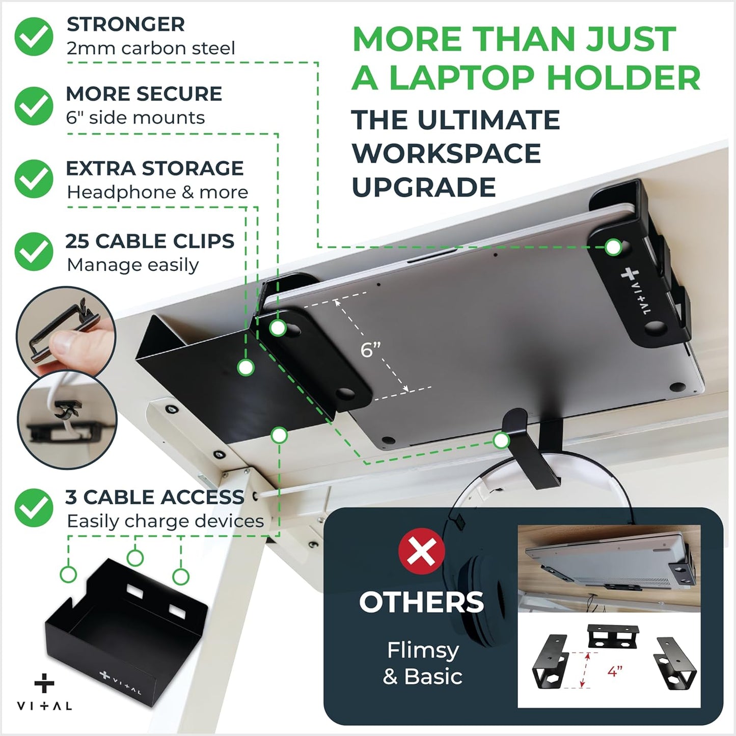 VI+AL Under Desk Laptop Mount - Hidden Metal Shelf with Side Storage, Hook & Cable Organizer - Installs with Tape & Screws - Fits Devices up to 1.7" Thick - Deluxe + LED (USB Light Strip & Remote)