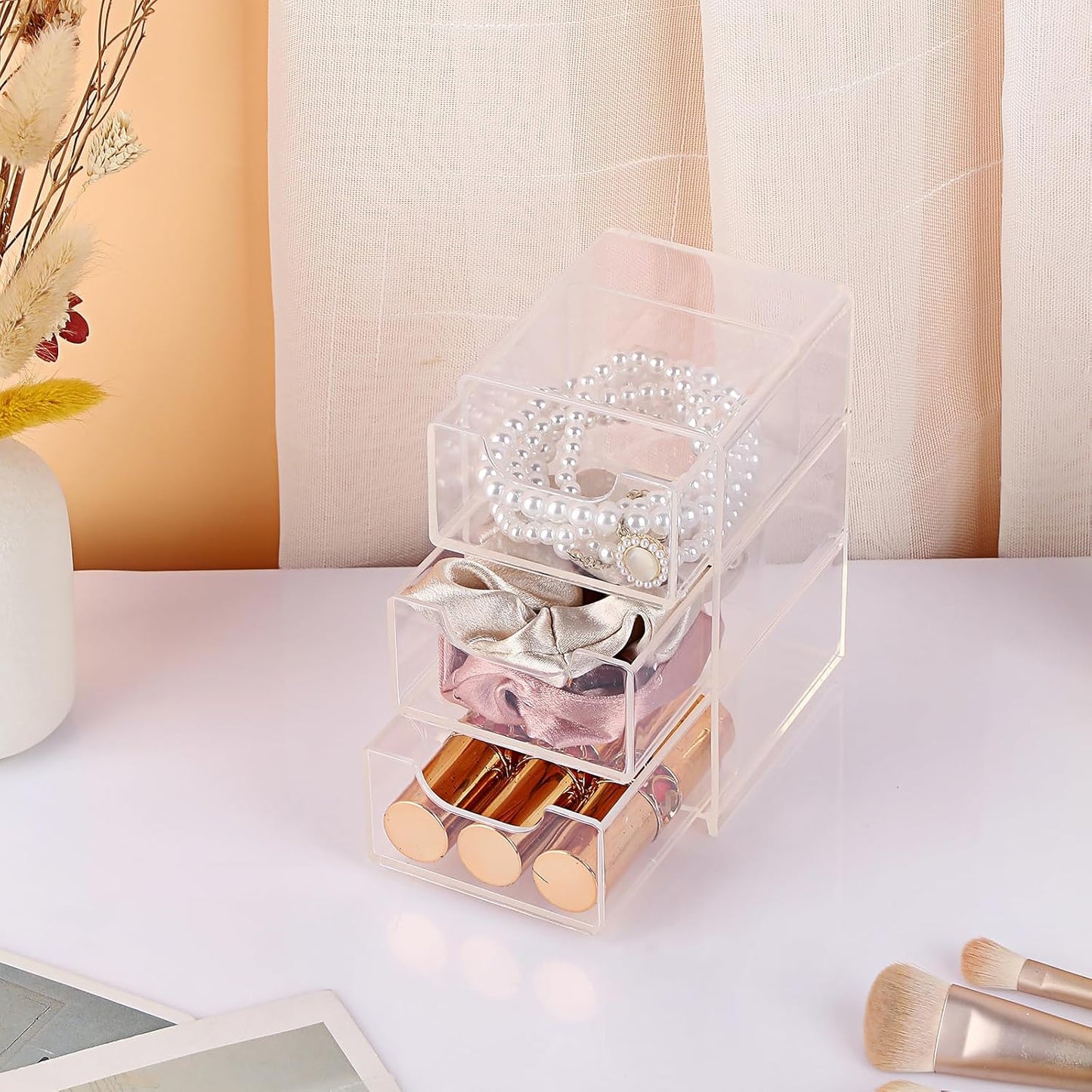 Hipiwe Acrylic Drawer Organizer Qtip Holder for Cotton Pad Cotton Swabs Makeup Storage Drawer with 3 Drawers Clear Desk Drawers Box Bathroom Counter Organizer for Home Office