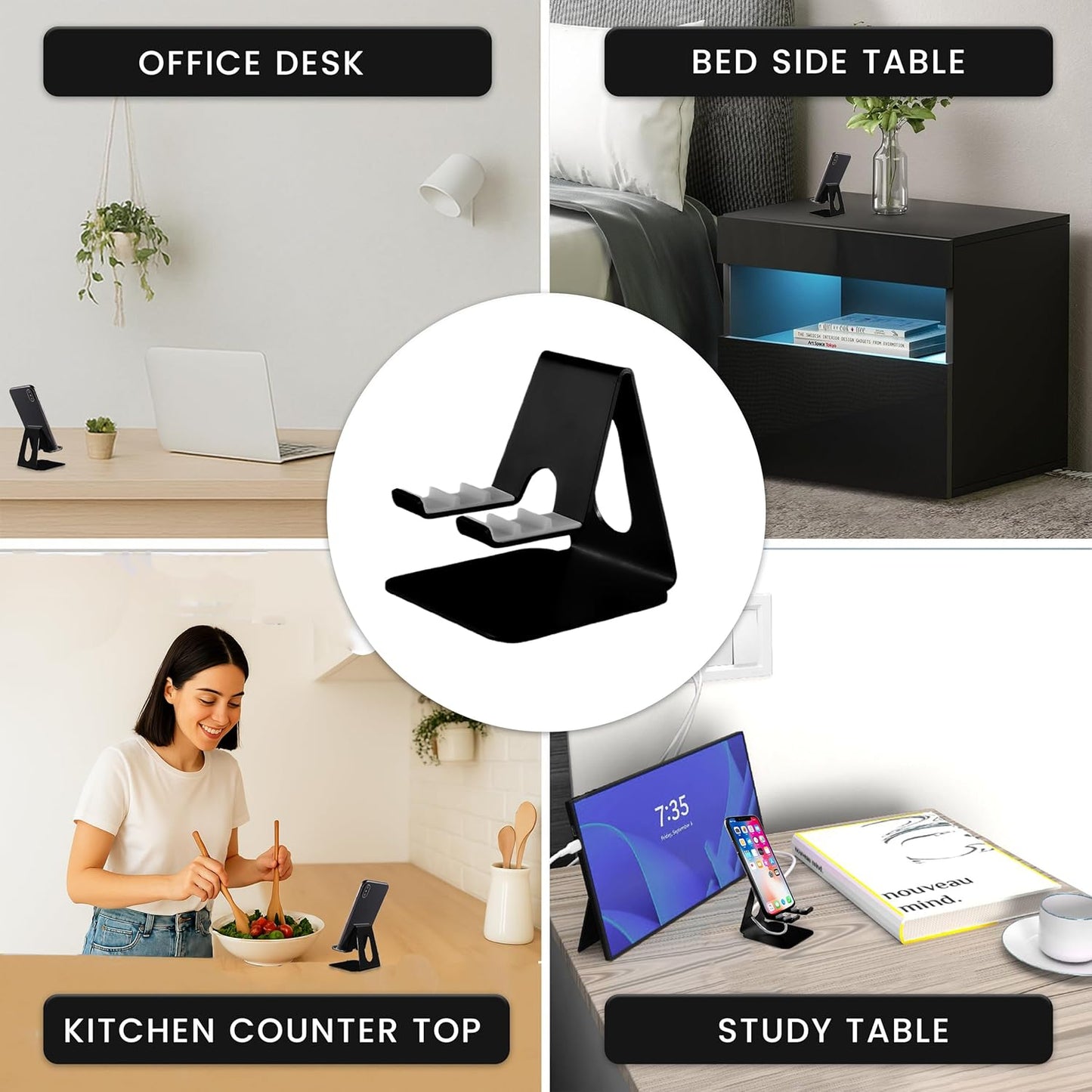 Foldable Phone Stand for Desk | Six Position Adjustable Folding Bracket for Cell Phone | Black Cellphone Holder for Desk & Smartphone Stand | Cellphone & Accessories for Men & Women