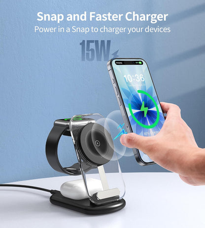 3 in 1 Magnetic Wireless Charging Station for Apple Devices, Fast Foldable Travel Mag-Safe Charger Stand with Night Light for iPhone 17 16 15 14 13 12 Series, Apple Watch/AirPods Pro, BU