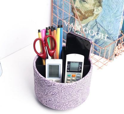 lizimandu Round Leather Art Supply Organizer,Remote Control Holder,360 Degree Spinning,Multi-Functional Pencil Holder,4 Compartments Desktop Stationary Organizer(1-Gold) - Colors B