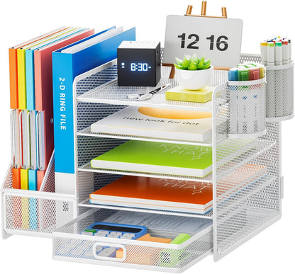 Marbrasse Desk Organizer with File Holder, 5-Tier Paper Letter Tray Organizer with Drawer and 2 Pen Holder, Mesh Desktop Organizer and Storage with Magazine Holder for Office Supplies(Black)