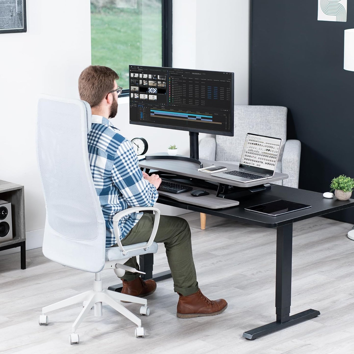 VIVO 26 inch Desk Converter, K Series, Height Adjustable Sit to Stand Riser, Dual Monitor and Laptop Workstation with Keyboard Tray, Black, DESK-V026KB