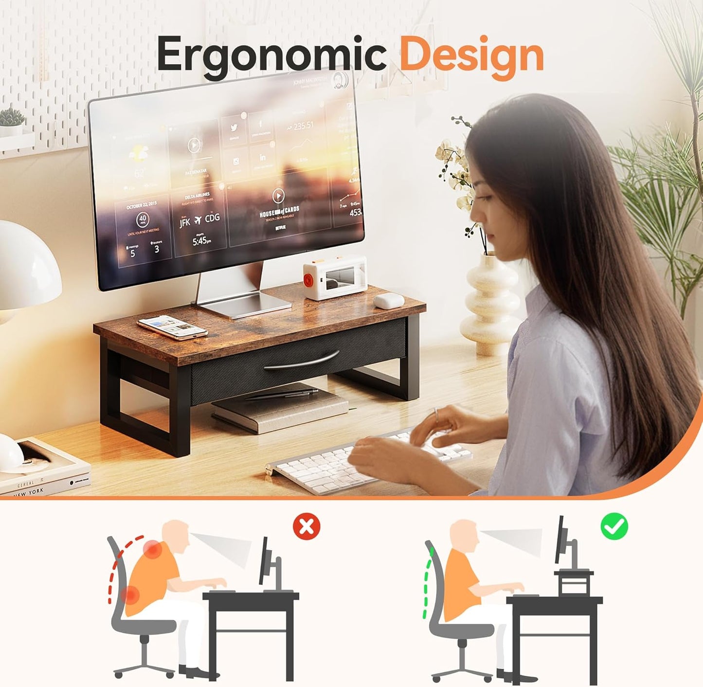 Desk Organizers and Accessories, Computer Monitor Stand Riser with Fabric Drawer, 2-Tier Laptop Stand for Desk, Office Organization Accessories, Pink