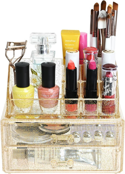 Ikee Design Acrylic Makeup Organizer with 4 Drawers and Removable Top Lipstick Holders, Ideal for Make-up or Accessories,Enhance Your Vanity or Bathroom with Clear Design for Quick Visibility