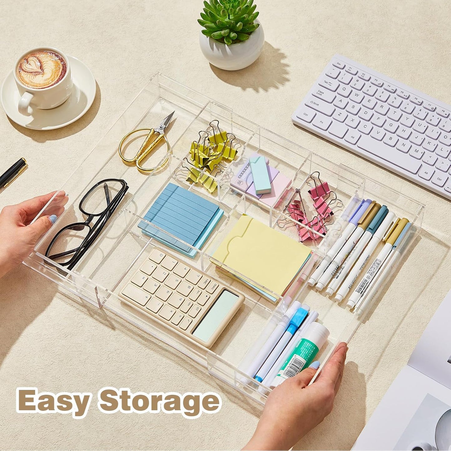 Briwooody 2 Pcs Acrylic Desk Drawer Organizer Maximum 12 x 18 x 2.1 Inch Expandable Drawer Organizer Trays with 8 Adjustable Compartments Desk Accessories for Makeup Silverware Office Bathroom