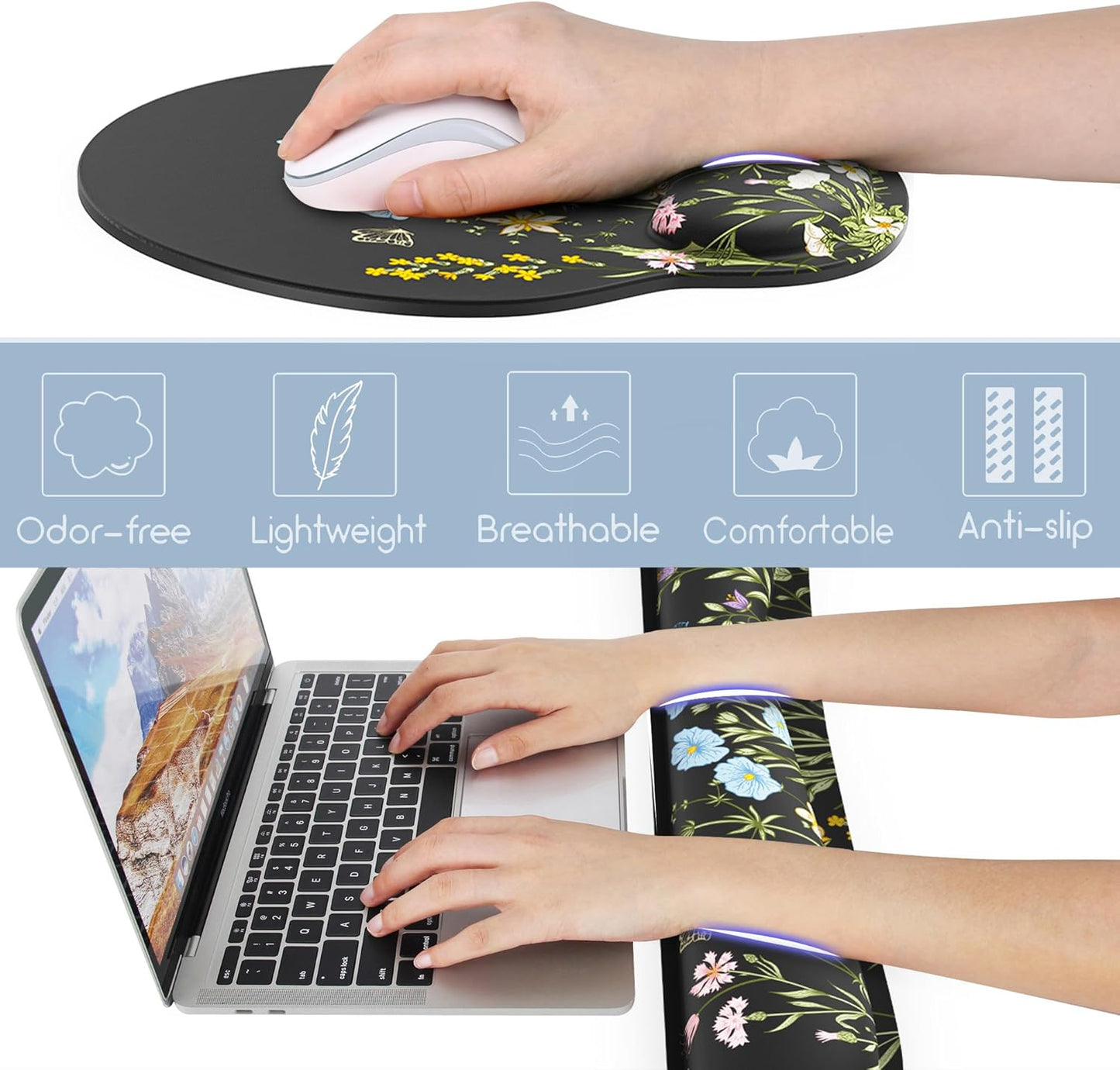 Ergonomic Mouse Pad with Wrist Rest and Keyboard Wrist Rest, Memory Foam Wrist Rest for Computer Keyboard, Easy Typing, Pain Relief, Mouse Pad Wrist Support for Gaming,Office, Laptop, Black Flower