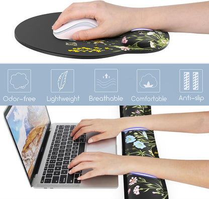 Ergonomic Mouse Pad with Wrist Rest and Keyboard Wrist Rest, Memory Foam Wrist Rest for Computer Keyboard, Easy Typing, Pain Relief, Mouse Pad Wrist Support for Gaming,Office, Laptop, Black Flower