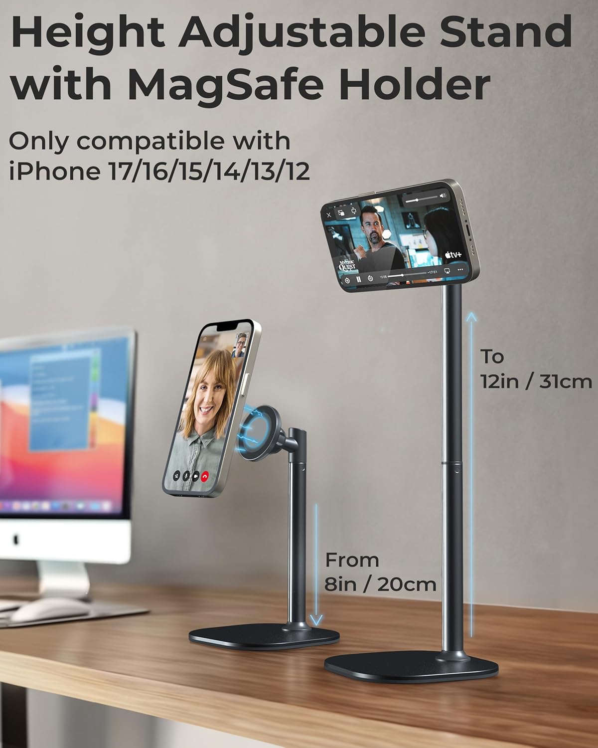 COOPER MagStand, Adjustable Magnetic iPhone Stand for Desk & Phone Holder for Video Recording, Compatible with MagSafe, Stand for iPhone 17 Pro Max, 16/15/14/13/12, Small Mag Safe Tripod (Black)