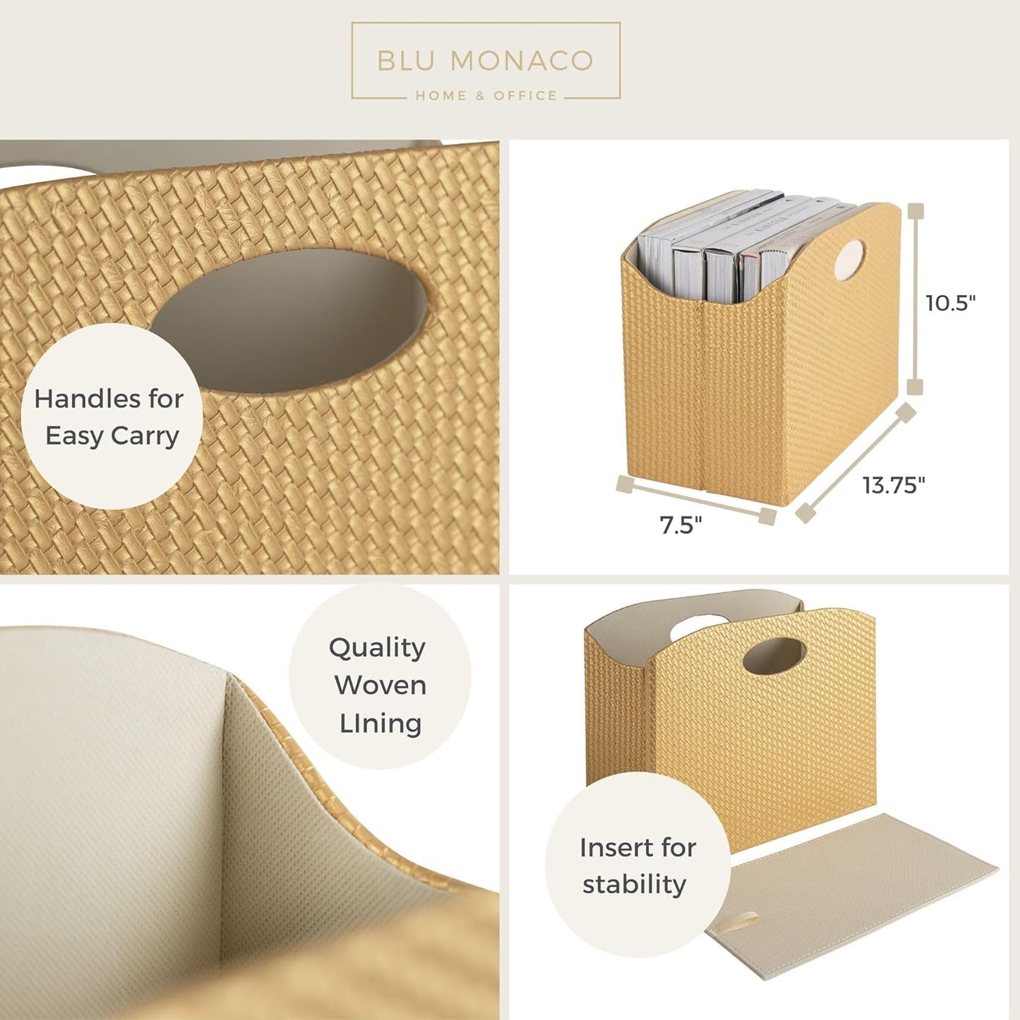 BLU MONACO Brown Woven Leather Magazine Holder Basket with Handles | Vertical File Organizer for Desk | File Folder Storage Bin for Office, Living Room or Bathroom