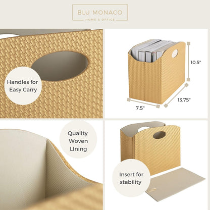 BLU MONACO Brown Woven Leather Magazine Holder Basket with Handles | Vertical File Organizer for Desk | File Folder Storage Bin for Office, Living Room or Bathroom