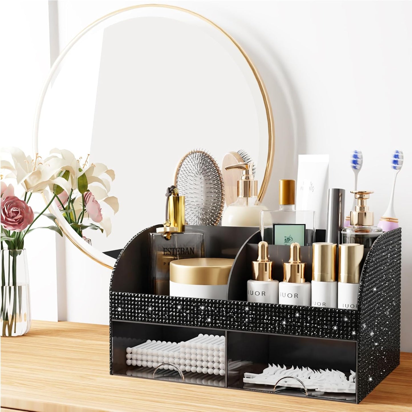 Makeup Organizer with Drawers, Cosmetic Storage for Dresser Vanity and Bathroom Countertop, Beauty Holder for Lipstick Brush, Skincare Organizer for Vanity, Cosmetic Display Case (White)