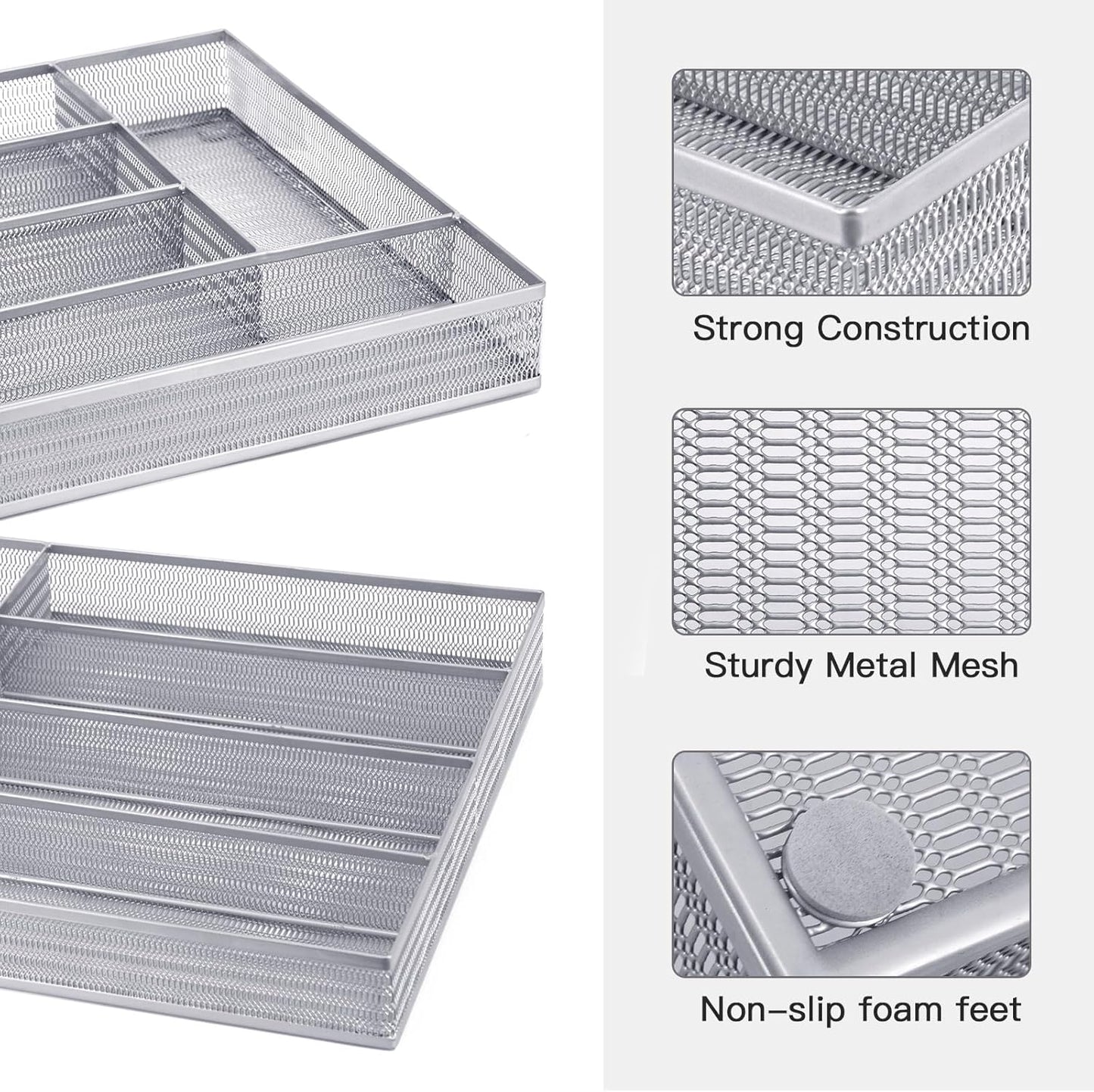 Neudeco Drawer Organizer Set 6 Pack - 5-Compartment Silverware Organizer Tray + 5 Utensil Trays, Kitchen Drawer Organizer for Flatware, Cutlery, Office Supplies, Black Mesh, Non-Slip.