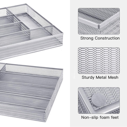 Neudeco Drawer Organizer Set 6 Pack - 5-Compartment Silverware Organizer Tray + 5 Utensil Trays, Kitchen Drawer Organizer for Flatware, Cutlery, Office Supplies, Black Mesh, Non-Slip.