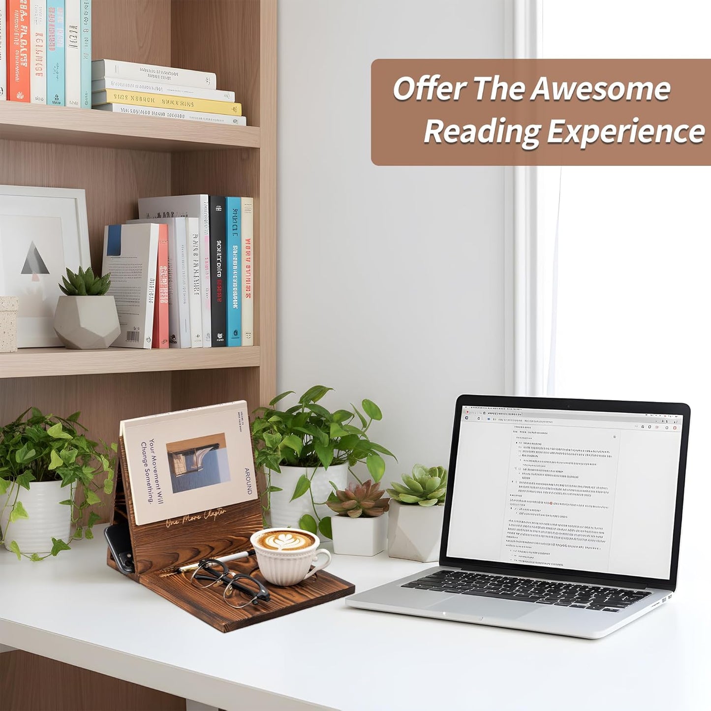 Wooden Book Holder Stand for Page Rest Nook Reading Valet with Coffee Mug Cup Glasses Pen Ipad Holder for Nightstand Desktop Bedside Birthday Gifts for Book Lovers Readers (Brown)