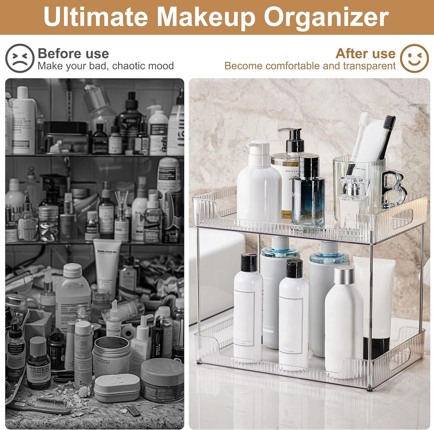 Goderewild 3 Tier Bathroom Counter Organizer, Multi-Purpose Cosmetics Skincare Shelf, Fits A4 Size Makeup Organizer for Office and Vanity Tray, Countertop Storage Solution for Kitchen,Bath.(Clear)