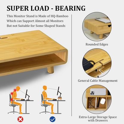 Homerays Monitor Stand with Drawer, Exquisite Computer Monitor Stand for Desk, Ergonomic Wood Monitor Stand Riser for Computer,Laptop,Printer,TV,Bamboo,White