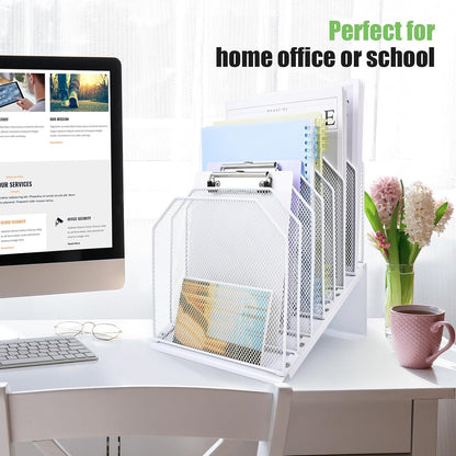 SUMMORO Inclined File Organizer for Desk, 7-Section Vertical File Folder Holder Office Desk Organizer Metal Rack File Wire Mesh Desktop Document Sorter for Office School Classroom Home (Black)
