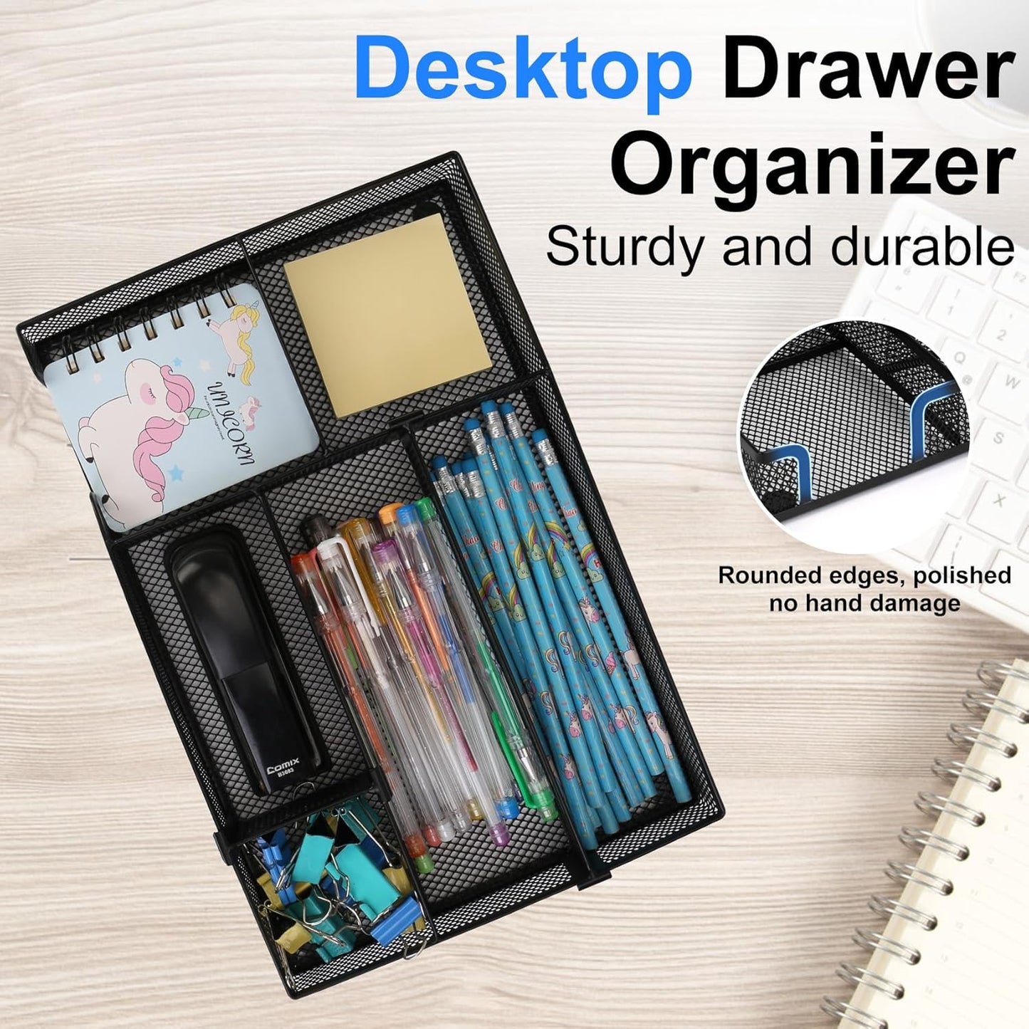 Desk Drawer Organizer, 2 Pack Junk Drawer Organizer Tray with 2 Adjustable Compartments, Desktop Metal Mesh Office Desk Organizer, Multifunction Pen Organizer Set for Office School Makeup Supplies (2)