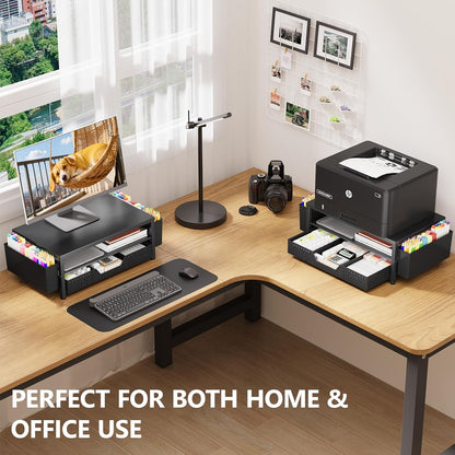 OPNICE Desk Organizers and Accessories, Computer Monitor Stand Riser with Drawer and 2 Pen Holders, Printer & Laptop Stand, Office Desk Accessories & Workspace Organizers for Home Office Supplies, Black