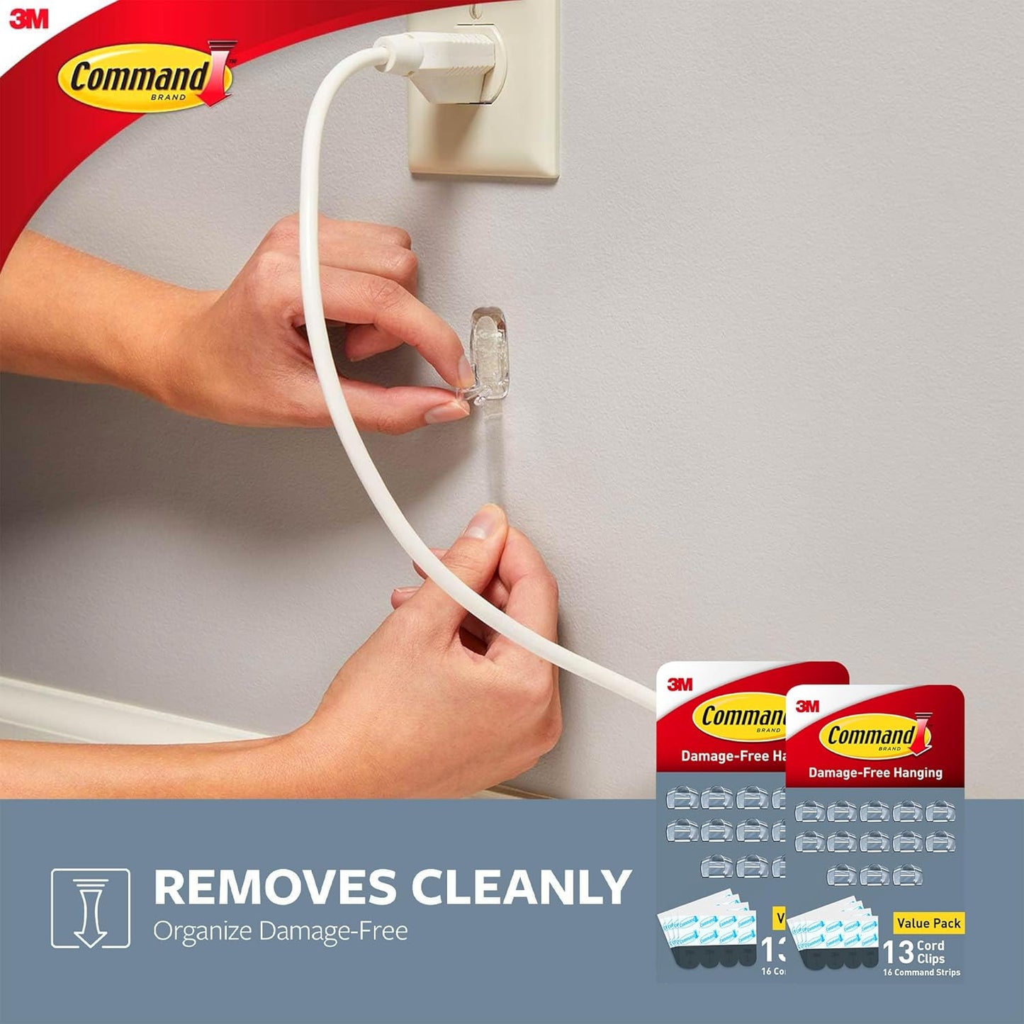 Command Round Cord Clips, Damage-Free Hanging Cable Clips, No Tools Wall Clips for Hanging Electrical Cables of Christmas Decorations, 13 Clear Cord Clips and 16 Command Strips