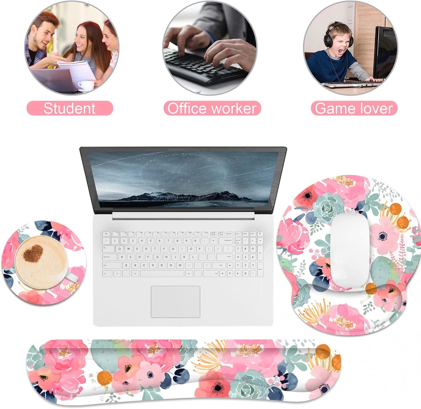 Ergonomic Mouse Pad with Wrist Rest and Keyboard Wrist Rest, Memory Foam Wrist Rest for Computer Keyboard, Easy Typing, Pain Relief, Mouse Pad Wrist Support for Gaming,Office, Laptop, Black Flower