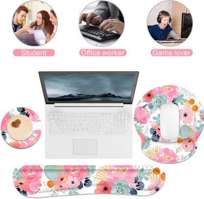 Ergonomic Mouse Pad with Wrist Rest and Keyboard Wrist Rest, Memory Foam Wrist Rest for Computer Keyboard, Easy Typing, Pain Relief, Mouse Pad Wrist Support for Gaming,Office, Laptop, Black Flower