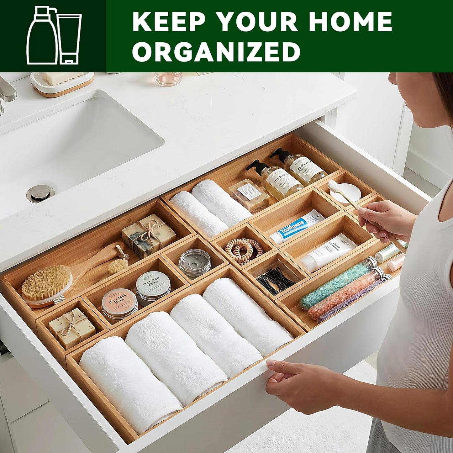 Bamboo Drawer Organizer 5 Pcs for Kitchen Multi-purpose Storage Dividers for Kitchen, Office, Jewelry, Cosmetics, Wooden Drawer Dividers for Drawer Organizer Desk Organizer Gift for Women Gifts Idea