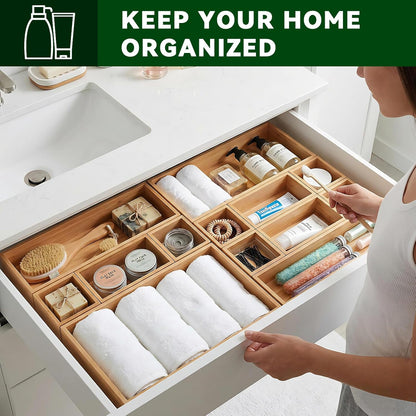 Bamboo Drawer Organizer 5 Pcs for Kitchen Multi-purpose Storage Dividers for Kitchen, Office, Jewelry, Cosmetics, Wooden Drawer Dividers for Drawer Organizer Desk Organizer Gift for Women Gifts Idea