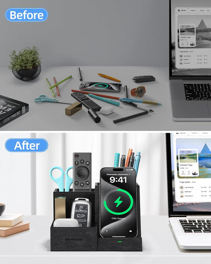 Wireless Charger with Desk Organizer, Pen Pencil Holder, Multifunctional Desktop Organizer, Office Supplies and Desk Accessories Organizer with 3 Compartments and 1 Phone Stand