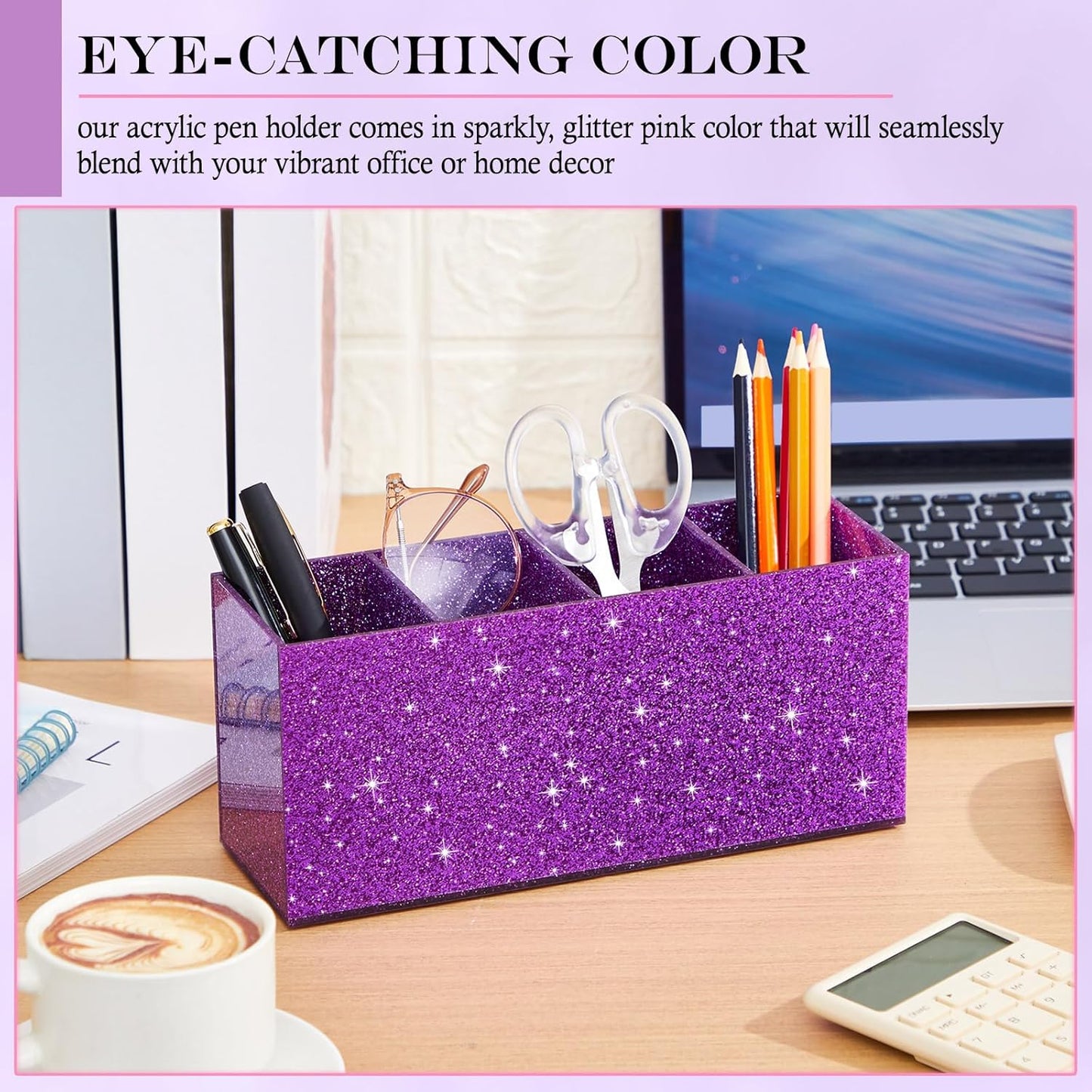 Jetec Acrylic Pen Holder 6 Compartments Makeup Brush Stationery Organizer Pencil Holder for Desk Accessories, Cosmetic Brushes, Dorm, Home, Bathroom, Kitchen, Office Supplies(Neon Pink)