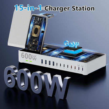600w Charging Station for Multiple Devices, 15 in 1 Wireless Charging Station for Apple, Dual 100w USB C Tablet Charging Station for MacBook,iPhone,iPad,Tablet(Black)