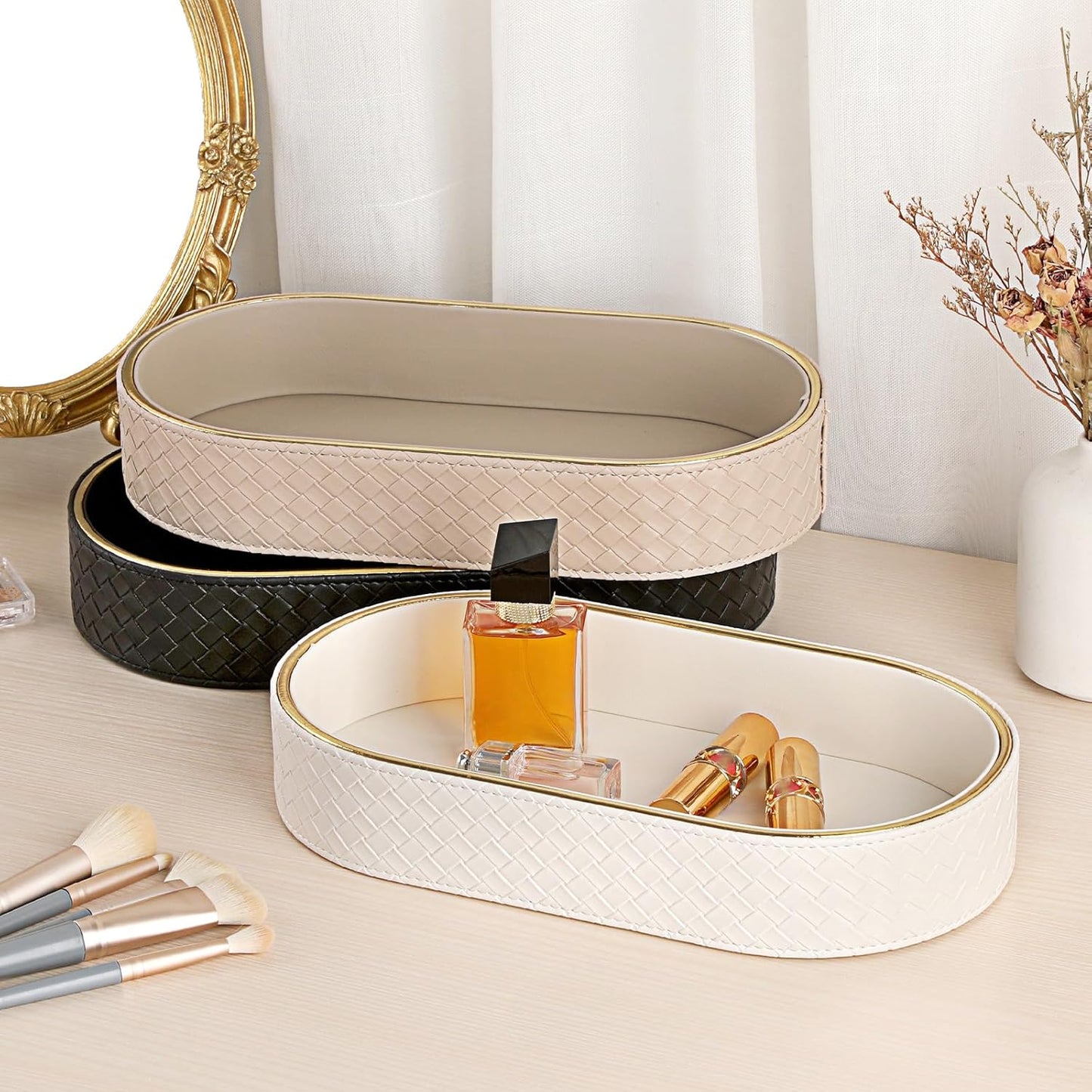 Hipiwe Perfume Trays PU Leather Vanity Tray for Dresser Bathroom Valet Trays Oval Desk Tray Jewelry Dish Holder Decorative Catchall Trays Nightstand Organizer, Beige