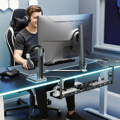 ARES WING 17"-28.7" Extendable Under Desk Cable Management Tray with Cable Slots, Clamp On Cord Organizer Holds Up to 11 lbs, White Metal Under Desk Storage for Office and Gaming Accessories