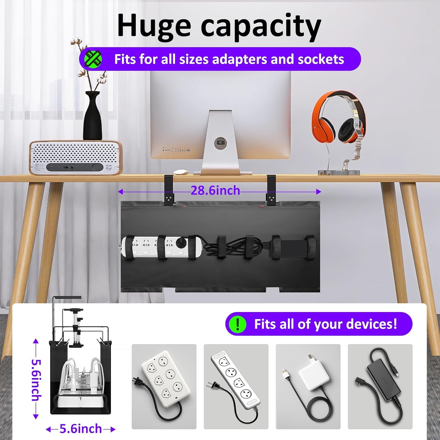 Under Desk Cable Management Tray - Under Desk Cord Management - Clamp/Screw Mount - Fabric Wire Management - Cable Raceways Tray Cord Hiders for Office/Home (Black, 35.8"×5.6")